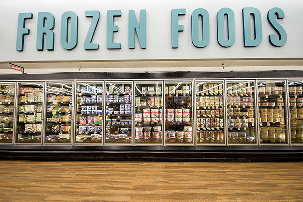 A wide shot of the Frozen Foods section in the newly remodeled Huntsville store.