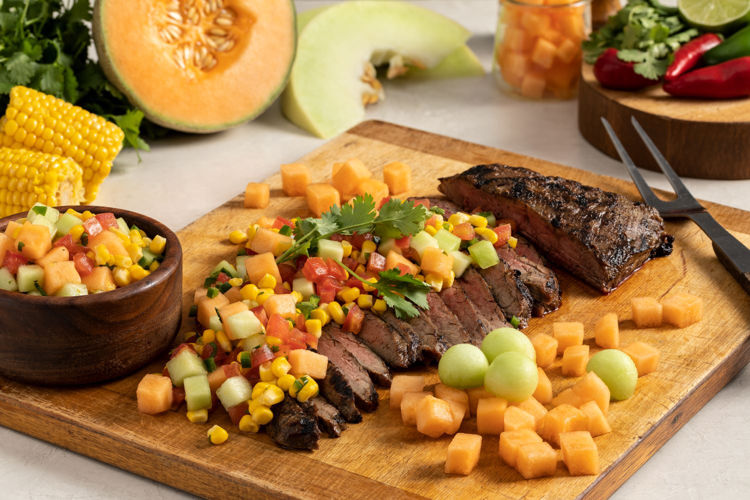 Grilled Steak with Melon Corn Salsa