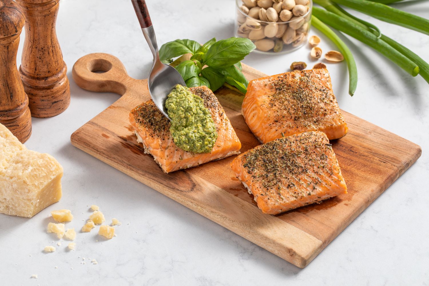 Slow-Roasted Salmon with Pistachio Basil Pesto