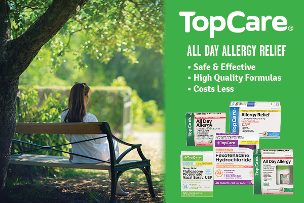 A graphic feature of TopCare allergy relief products on a background with a woman sitting on a park bench on a bright spring day.